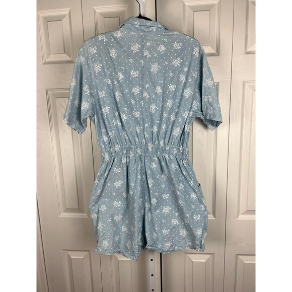 VTG 90s Dreams Floral Romper Elastic Waist Button Chambray Cottagecore Petite LG - Picture 7 of 9
